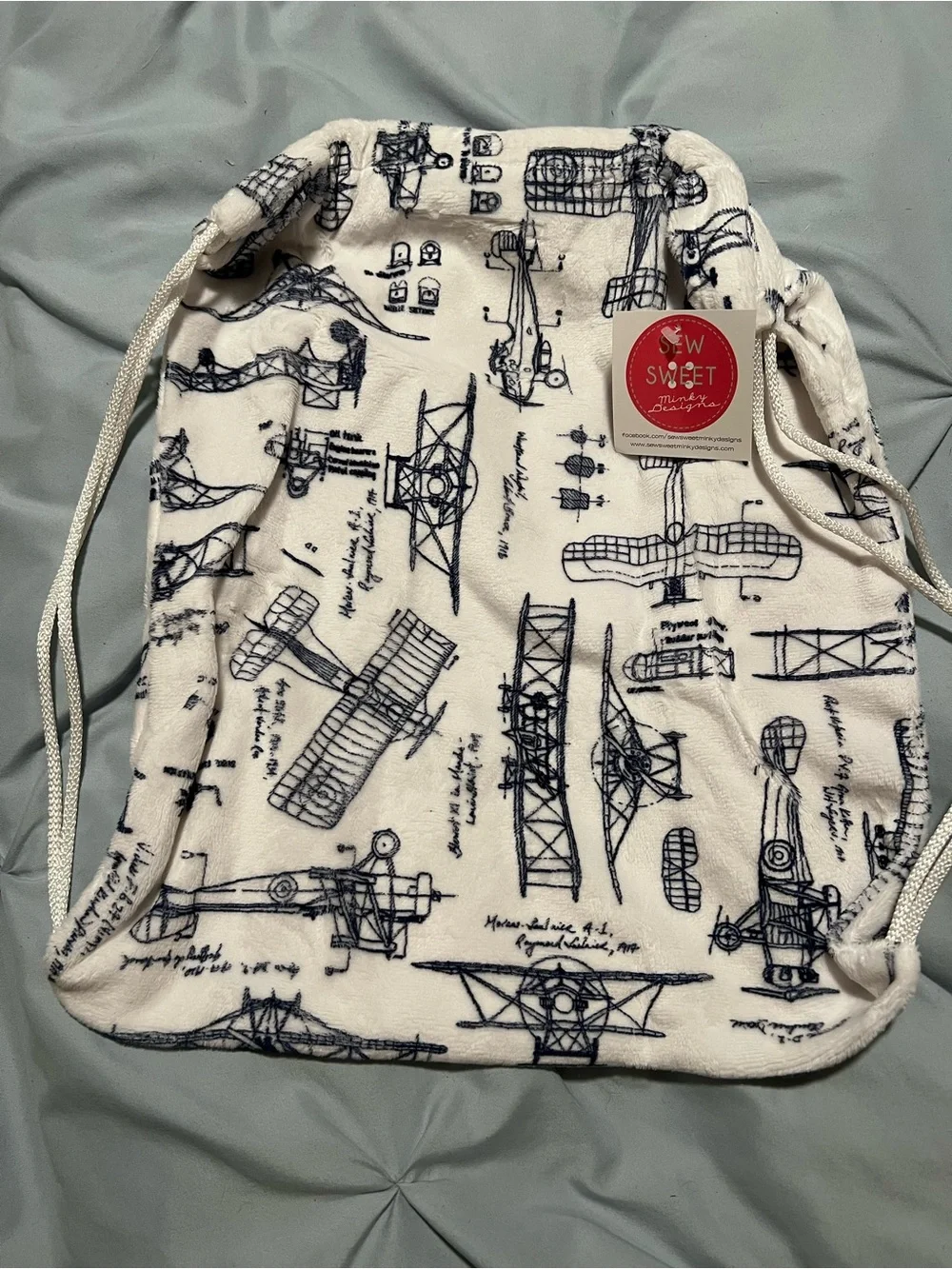 Kids Drawstring Backpack - White with Navy Aircraft Print